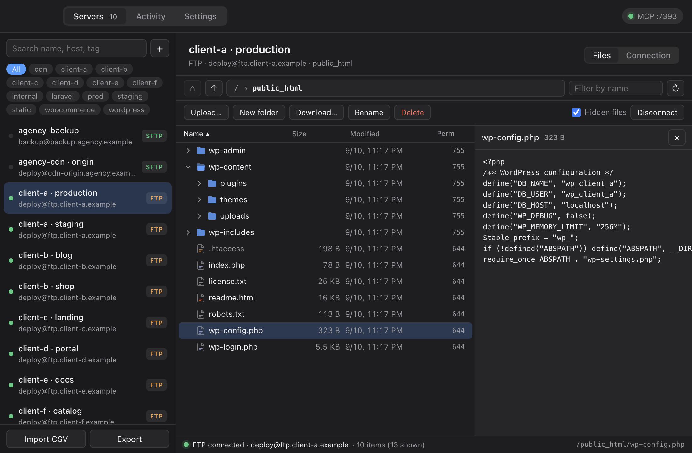 FTP Man screenshot: server list, remote file tree and file preview